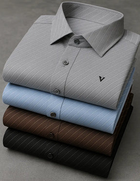[Pague 2, Leve 4] Kit com 4 Camisas Sociais Listradas Viero de Manga Longa em Algodão e Seda Gelo