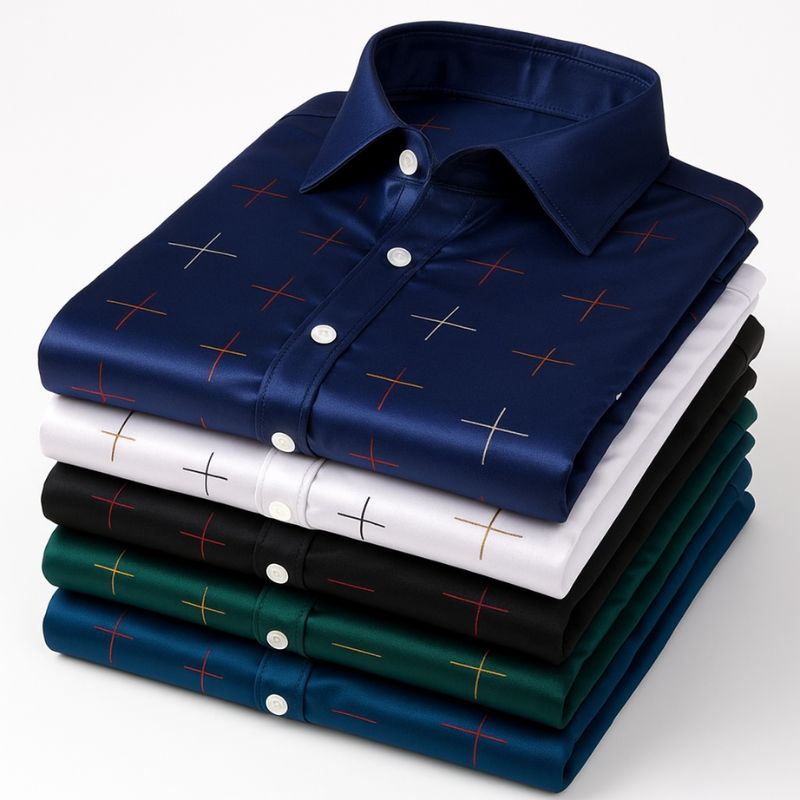 [Leve 5 Pague 3] Kit Camisas Sociais Royal Class em Tecido Premium de Seda Gelo e Lyocell (Edição Limitada) + 3 BRINDES: Cinto, Carteira e Relógio