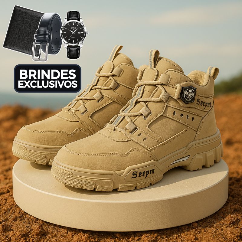 Kit Bota Tática Militar Terrain Masculina 100% Couro Legítimo + 3 BRINDES: Cinto, Relógio e Carteira