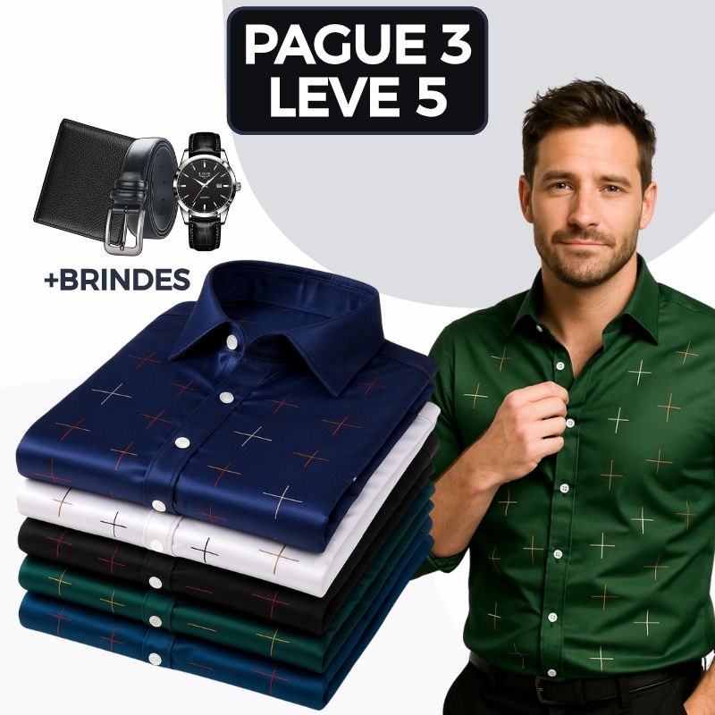 [Leve 5 Pague 3] Kit Camisas Sociais Royal Class em Tecido Premium de Seda Gelo e Lyocell (Edição Limitada) + 3 BRINDES: Cinto, Carteira e Relógio