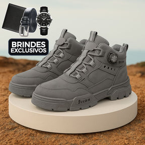 Kit Bota Tática Militar Terrain Masculina 100% Couro Legítimo + 3 BRINDES: Cinto, Relógio e Carteira