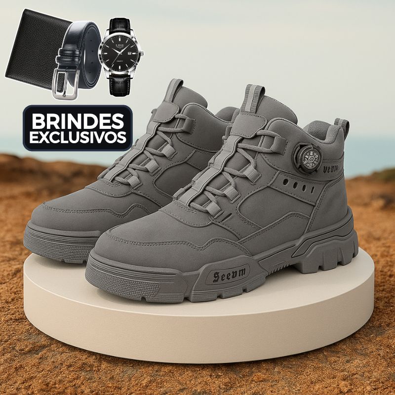 Kit Bota Tática Militar Terrain Masculina 100% Couro Legítimo + 3 BRINDES: Cinto, Relógio e Carteira
