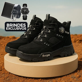 Kit Bota Tática Militar Terrain Masculina 100% Couro Legítimo + 3 BRINDES: Cinto, Relógio e Carteira