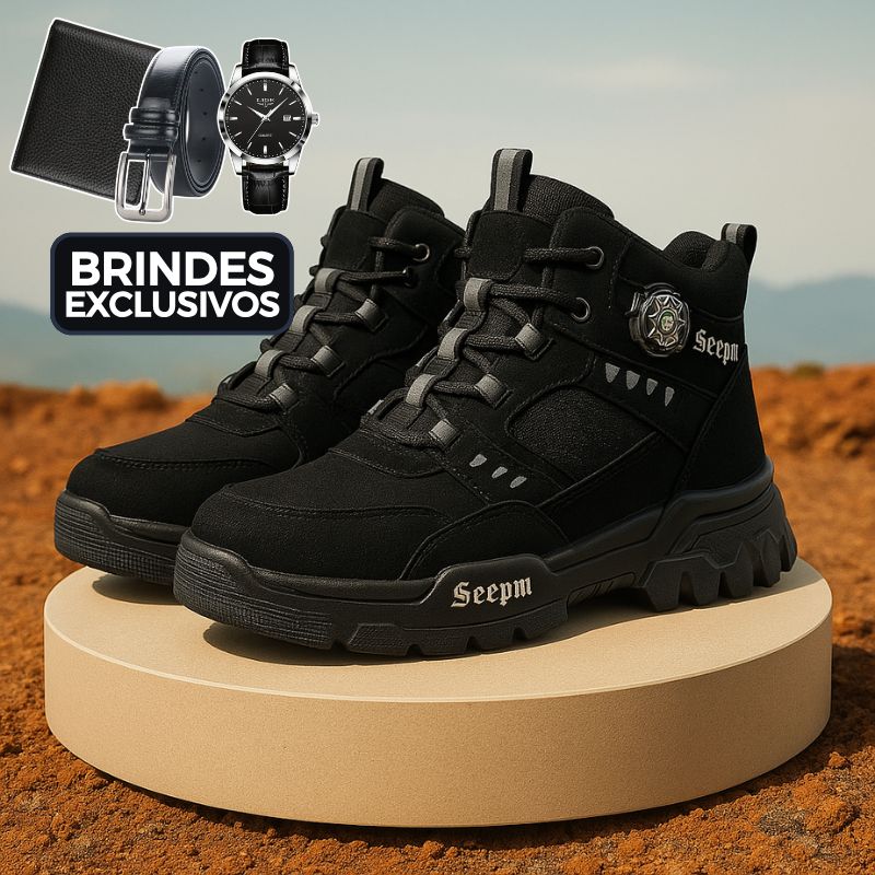 Kit Bota Tática Militar Terrain Masculina 100% Couro Legítimo + 3 BRINDES: Cinto, Relógio e Carteira