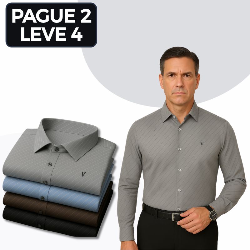 [Pague 2, Leve 4] Kit com 4 Camisas Sociais Listradas Viero de Manga Longa em Algodão e Seda Gelo