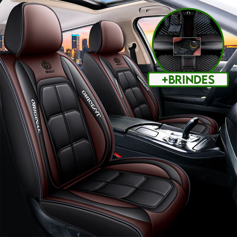 Kit Completo de Capas Automotivas Luthier em 100% Couro Legítimo Universal (Serve Para Todos os Carros!) + Brinde: Kit de Tapetes